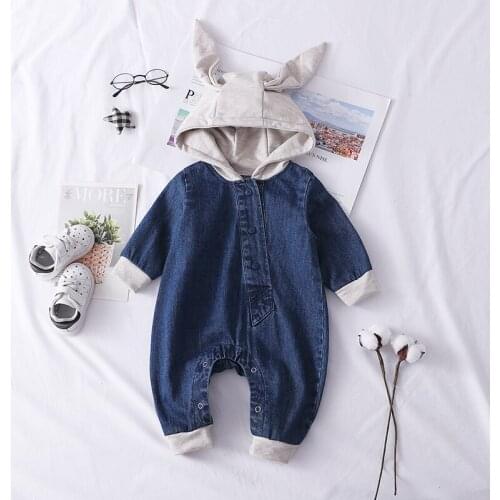 Spring Baby Boys Denim Pant Jumpsuits Lovely Toddler Boy Jumpsuit Patchwork Infant Denim Overall 3D Rabbir Ear Cartoon Clothes