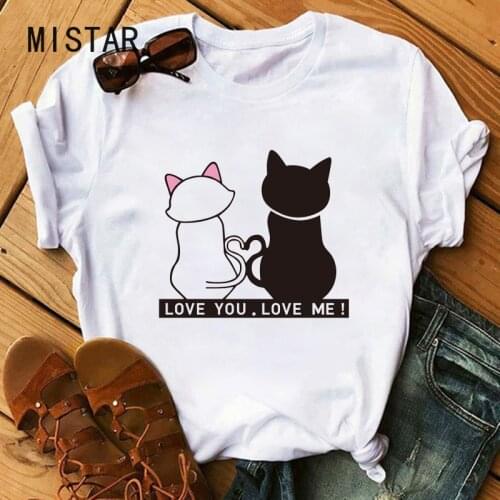 Kawaii Cat T Shirt Women Funny Cartoon Print Harajuku Graphic T-shirt Summer Short Sleeve Fashion Casual White Top Tee Female