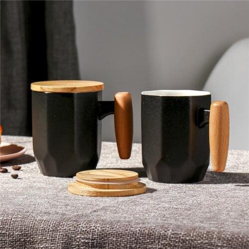 New Design Simple Black Ceramic Coffee Mug Creative Wooden cover Wooden Handle Water Cup for Business Gift Modern Style Mugs