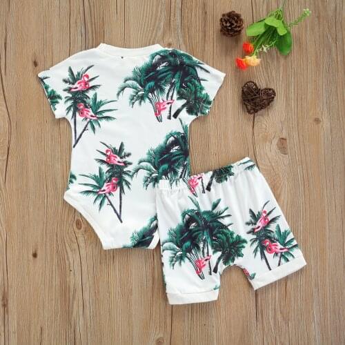 2 Pcs Newborn Summer Outfits, Baby Boys Plant Print Round Neck Short Sleeve Romper + Shorts 2021 New Fashion