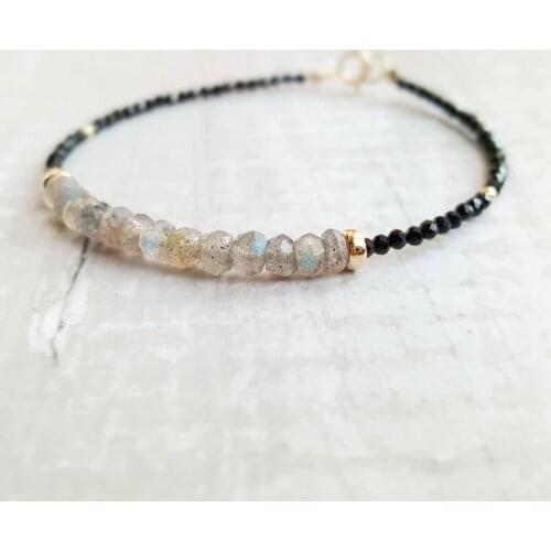 LiiJi Labradorite Black Spinel Bracelet Natural Stone 925 Sterling Silver Gold Color Sparkling Delicate Jewelry