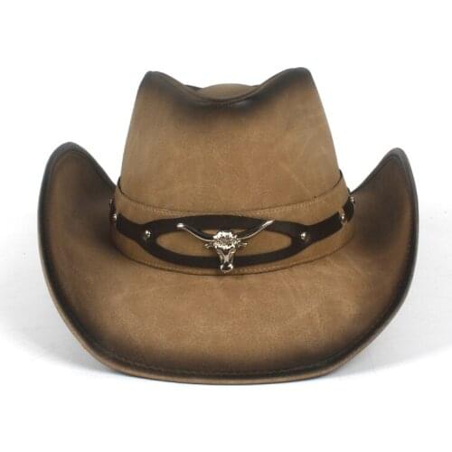 Men Western Cowboy Hat Roll Up Brim Dad Gentleman 100% Leather Sombrero Hombre Jazz Caps Size 58CM