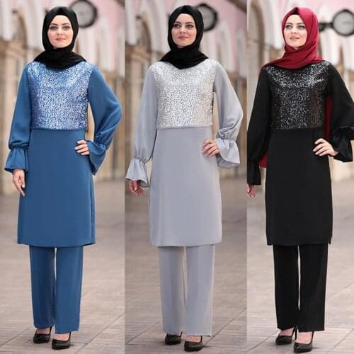 Ramadan 2 Piece Set Muslim Women Turkey Asymmetry Abaya Blouse Wide Leg Pants Kaftan Eid Suits Islamic Clothes Djellaba Musulman