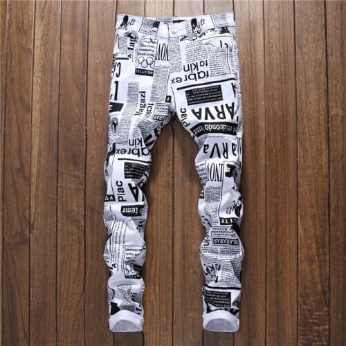 New Arrival Men Casual 3D Newspaper Printed Jeans Pants Mens Patter Print White Hip-hop Fashion Skinny Slim Fit Trousers