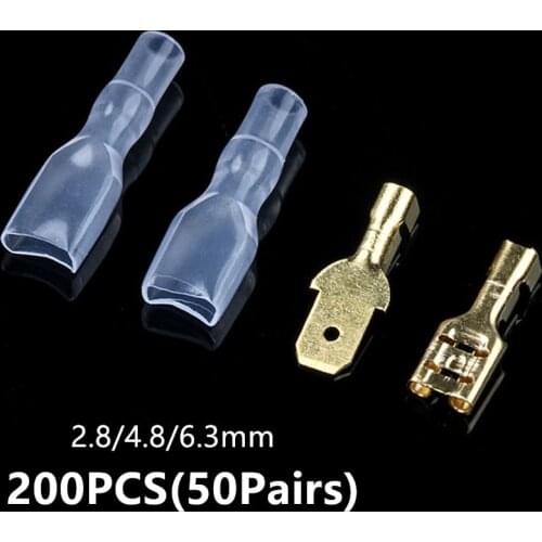 200PCS(50Pairs) 2.8/4.8 6.3mm Female Male Spade Crimp Terminals Sleeve Wire Wrap Connector for 22-16 AWG 0.5mm2-1.5mm2