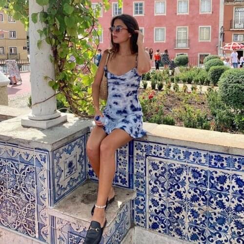 Indigo Dyed print Slip Dress Party Date Club Sexy Sleeveless New Mini Dress HighStreet Cool girl Camisole Fit And Flare Sundress