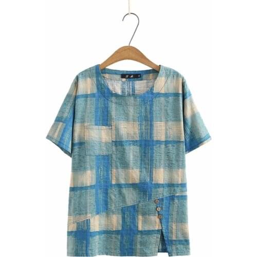 Plus size O neck Cotton linen plaid women tshirts 2021 summer casual ladies t shirts female tops blue yellow black t-shirts