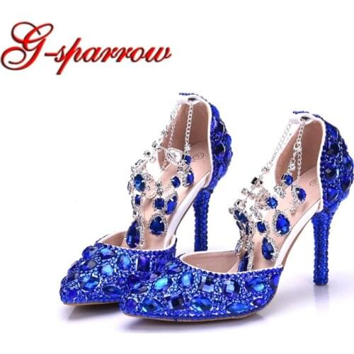 2018 Royal Blue Crystal Wedding Shoes Pointed Toe Thin Heel Summer Sandals Style Bride Shoes with Ankle Straps Luxury Party Pump