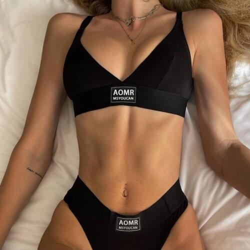 SEASONS Casual Black Seamless V Neck Bra And Panty Set Embroidery Letter Sexy 2 Piece Lingerie Sets Women Sport Summer ASSU82629