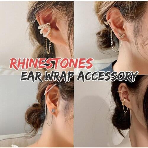 Rhinestones Ear Wrap Accessory Pearl Crystal Earcuffs Earring For Women Gold Color Long Clip On Earrings Ear Cuff