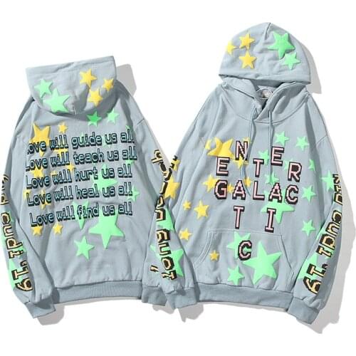 Kanye Five Pointed Star Letter Foaming Printed Hooded Sweatshirts Men Women Hip Hop Loose Hoodies Pullover Cotton Tops Outerwear