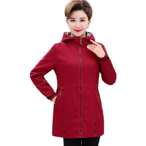 Plus Size 5XL Middle-aged Women Trench Coat New Spring Autumn Coat Hooded Long-sleeved Cotton Windbreaker Female Outerwear Tops