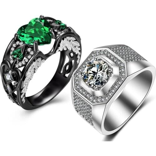 Vecalon Unique Style Luxury Jewelry White&Black Gold Filled Green Heart Shape 5A Cubic Zirconia Women Wedding Wing Ring Men Gift