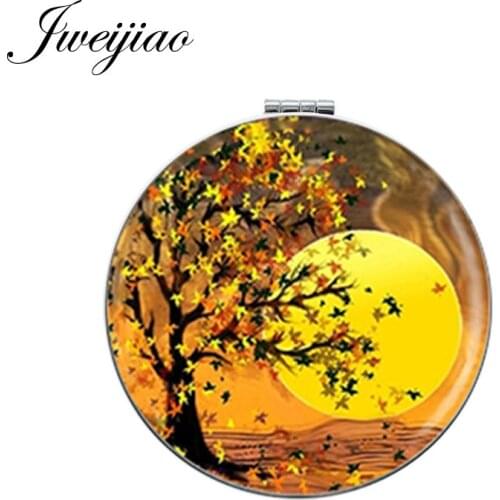 Youhaken Full Moon Yellow Tree Golden Leaf Round Makeup Mirror Mini Folding Compact Portable 1X/2X Magnifying Pocket Mirror