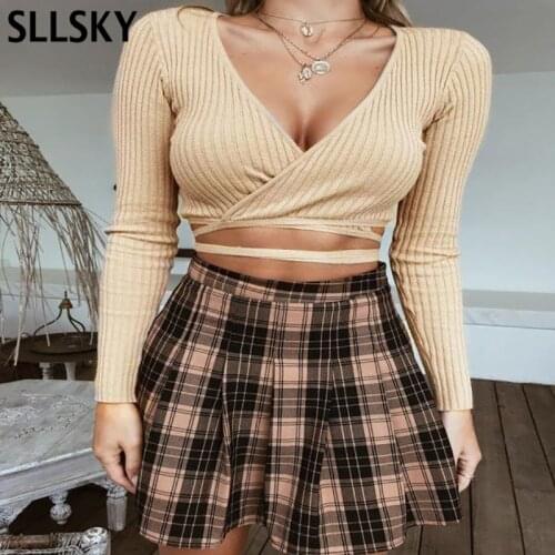 SLLSKY Fashion Deep V Neck Cotton Knitted Sweater Tops Women Short Bandage Long Sleeve Pullovers 2020 Autumn Crop Sweater