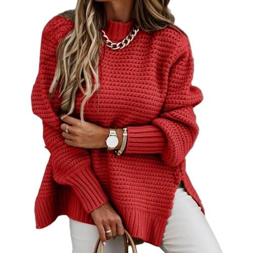 Vintage Elegant Women Sweater Autumn Winter Mock Neck Side Split Hem Long Puff Sleeve Sweater Pullover Oversize sueters de mujer