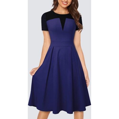 Women Chic Vintage Contrast Color One-Pieced Fit and Flare Swing A-line Dress 1HA088