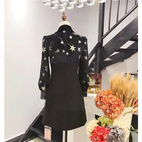 Winter Velvet Autumn Fashion High Quality Office Ladies Diamonds Beading Button Elegant Black Luxury Mini Dress