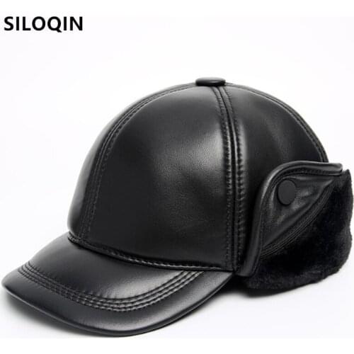 SILOQIN Winter Thermal Earmuffs Hats For Men Baseball Caps Middle-aged Mens Leather Cap Dads Hat Sheepskin Leather Winter Hat