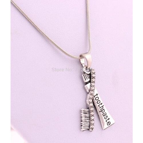 10pcs Zinc studded with sparkling crystals Toothbrush and Toothpaste Crystal Pendant with snake chain necklace