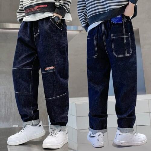 Classic Simple Jeans Loose Denim Jeans Ankle- Length Dark Blue Trousers Vintage Casual Baggy Loose Streetwear Pants 10 12 14 Yrs