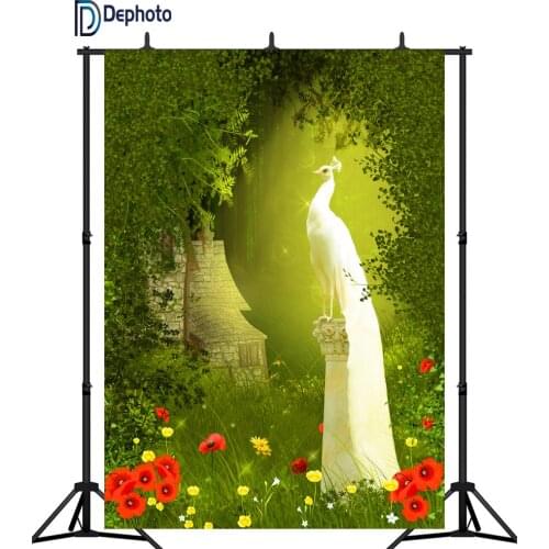 DePhoto Fairy tale forest Flowers grass Holy white peacock Photo Backgrounds Vinyl Camera Photography Backdrops For Photo Studio