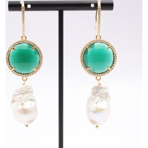 GG Jewelry Natural White Baroque Pearl Green Jade Coin CZ Paved Hook Dangle Earrings CZ Fitting Handmade For Women