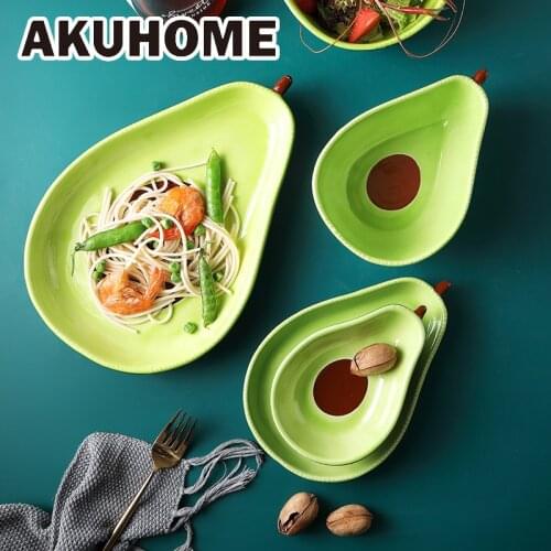 Creative Avocado Plate Cute Ceramic Tableware Household Dishs Snack Plate Avocado Bowl Salad Fruit Plate Dinnerware Sets