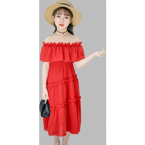 Summer Dress Girl Shoulderless Dress For Girl Solid Children Cake Dress Teenage Costume For Girls 6 8 10 12 14