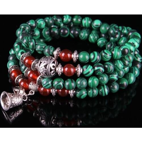 Fashion Natural Malachite and Red Stone Stone 108 Beads Beaded Strand Bracelets Tibetan Rosary Buddhism Prayer Beads