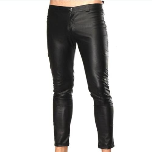 Mens Elastic Faux Leather Pants Steampunk Motorbike Style Side Buckles Trouser Male Black Gothic Punk Biker Rock Skinny Leggings