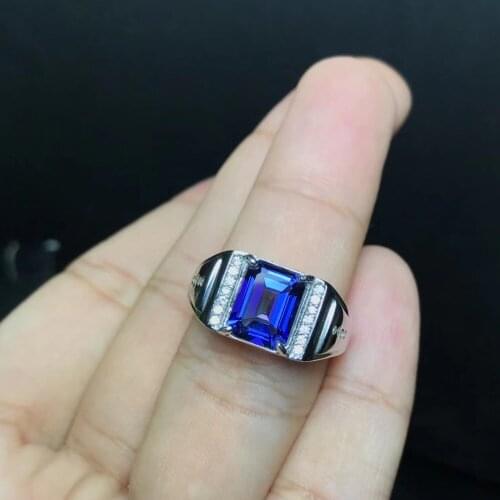 Mens Ring Brazil Tanzanite Topaz Royal Blue Pure 925 Silver White Gold Plated Live Simple Male Ring