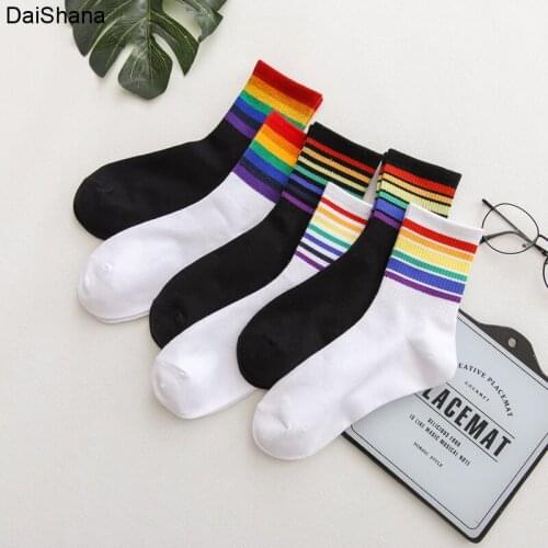 1Pairs Womens Socks Cotton Rainbow Stripes Christmas Gift Fashion Classic Warm Casual Tide Harajuku Funny Cute Pop Korean Socks