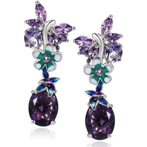 New Style Oval Purple Zircon Flower Earrings Female European And American Popular Butterfly Ladies Earrings