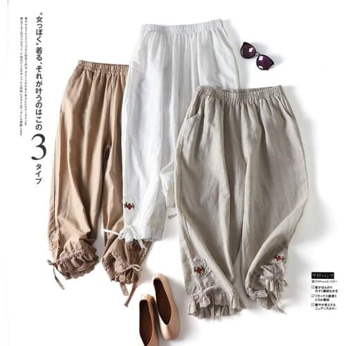 Autumn Japan Style Mori Girl Cotton and linen Lace Embroidery Casual Pants Elastic Waist Harem Pants Women