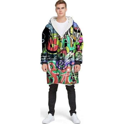 Watercolor Strange Sherpa Throw Blanket with Hat Hand-painted Winter Outdoor Wearable TV Hooded sleeve Blankets for Adult