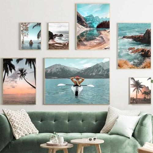 Scandinavia Beach Yacht Coconut Tree Poster Mountain Lake Landscape Art Print Women Swimming Wall Art Canvas Painting Home Decor