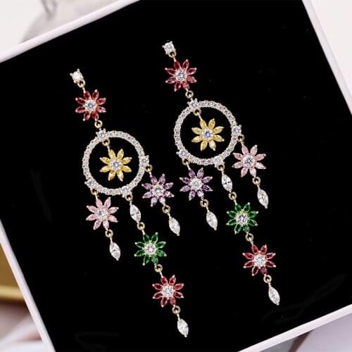 Multicolor Cubic Zircon Long Dangler Earrings for Women Flower Rhinestone Tassel Drop Earring Wedding Fashion Jewelry YEA325