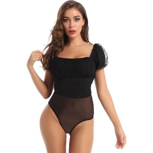 Mesh Rompers Bodycon Bodysuit for Womens Lady Sheer Jumpsuit Leotard Blouse Tops Square Neck and Puff Sleeves Zipper Clubwear