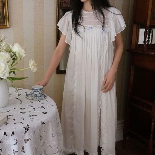 Vintage Cotton Delicate Embroidery Womens Long Nightgowns Ruffles Short Sleeve Royal Princess Long Night Dress Large Size