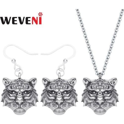 WEVENI Alloy Plated Antique Gold Tiger Head Jewelry Sets Long Metal Animal Earrings Necklace Jewelry Women Kids Gift Decoration