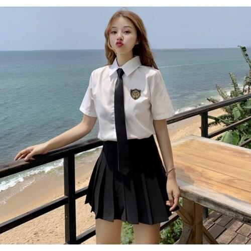 Japanese JK Uniform Two-Piece Womens Summer Lapel Short-Sleeved Student White Shirt + High Waist Slim Pleated A- line Skirt