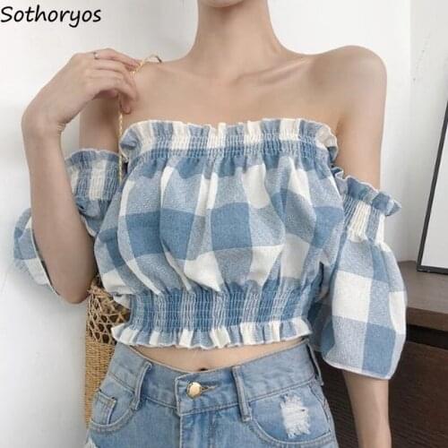 Women Blouses Plaid Slash Neck Flare Sleeve Crop Tops Slim Retro Trendy Teens Elegant Ladies Streetwear Ruffles Backless Shirts