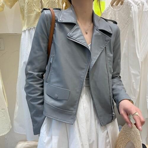 Korean Women Slim Gray-blue Faux Leather Coat Spring Autumn 2021 Lapel Long Sleeve Female Motorcycle Biker Jacket Chaqueta Mujer