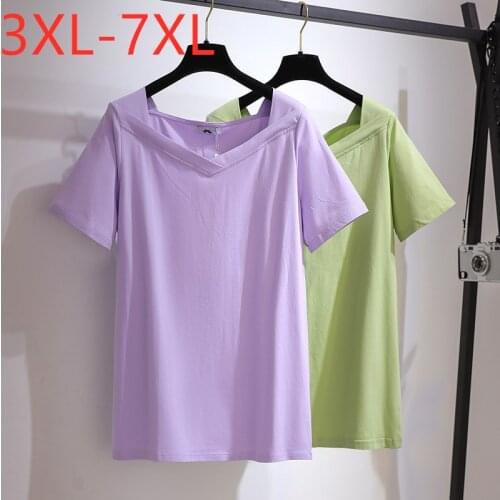New 2021 Ladies Fashion Summer Plus Size Tops For Women Large Short Sleeve Loose Purple Green V-neck T-shirt 3XL 4XL 5XL 6XL 7XL