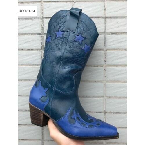 2019 new women mid calf boots block heel point toe boots women mix color boots ladies party shoes slip on western star booties