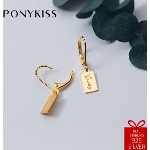 PONYKISS Trendy Really 925 Sterling Silver Lucky Letter Square Pendant Hoop Earrings Women Party Fashion Accessory Delicate Gift