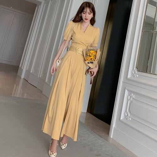 New arrival fashion autumn korean style simple loose jumpsuit women elegant OL temperament vintage puff sleeve long jumpsuit