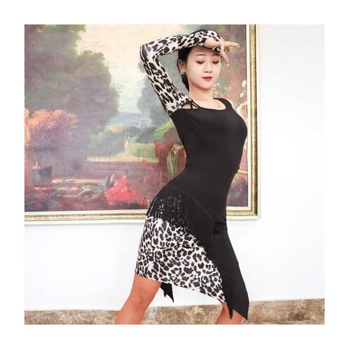 Women Latin Dance Dress Leopard Patchwork Tassel Finger Hole Sleeve Dancing Cloth Samba Tango Chacha Dancing Performamnce