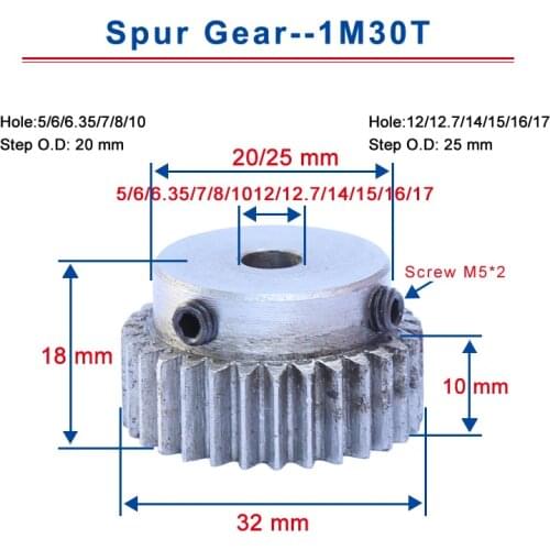 1 Piece 1M30T Spur Gear Bore 5/6/6.35/7/8/10 /12/12.7/14/15/16/17mm Motor Gear Low Carbon Steel Material High Quality Gear